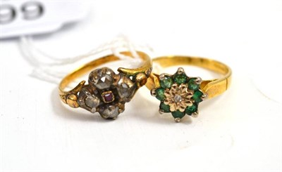 Lot 660 - An 18ct gold diamond and emerald cluster ring, and a rose cut diamond and ruby cluster ring in...