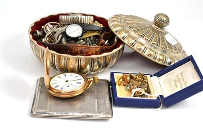 Lot 667 - A selection of earrings and cufflinks in a blue box, a pocket watch, AWW Co, Waltham Mass, a silver