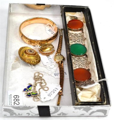 Lot 682 - A Scottish bracelet jet set with agates, a Victorian brooch, stamped '9ct', a swivel fob, a...