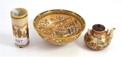 Lot 697 - Japanese satsuma bowl, 12cm diameter; satsuma vase, 9cm high; and a satsuma teapot, 6cm high