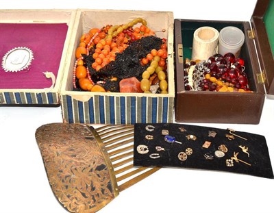 Lot 722 - Quantity of assorted amber and beads, stick pins, costume jewellery, etc (in two jewellery boxes)