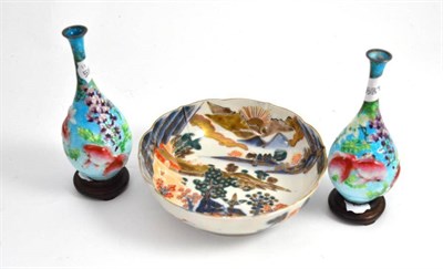 Lot 724 - Pair of Japanese enamel on silver vases, 13cm high and an Imari saucer, 16cm diameter