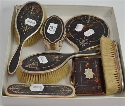 Lot 725 - Tortoiseshell dressing table set, dressing table box and note case