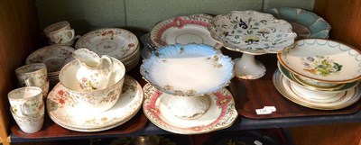 Lot 734 - Shelf of English ceramics including late Victorian tea set, part dessert service, Coalport comport