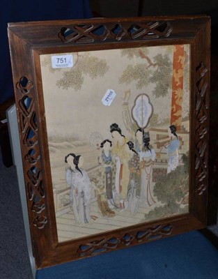 Lot 751 - Three Japanese watercolours contained within decorative frames, the panels 36cm high