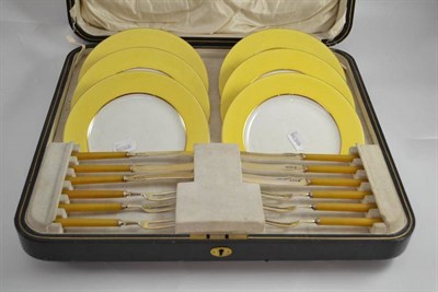 Lot 757 - A set of six Paragon bone china dessert plates with yellow ground borders together with six...