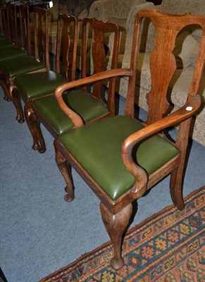 Lot 878 - A set of eight 18th century oak dining chairs, single chairs width 49cm