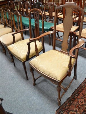 Lot 879 - A 1920's mahogany armchair on Spanish feet, carver chair, four salon chairs and a pair of...