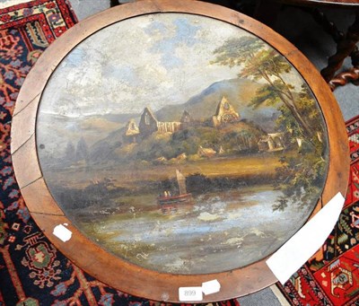 Lot 899 - Painted slate top occasional table with a view of Tintern Abbey, diameter 69cm