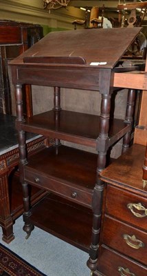 Lot 926 - A Victorian mahogany four tier whatnot with ratchet top and side writing draw, height 124cm