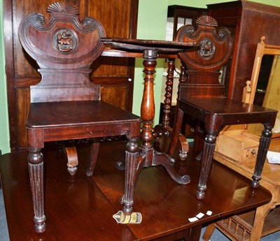 Lot 931 - Pair of Regency mahogany crested hall chairs, width 42cm and a Victorian octagonal pillar table