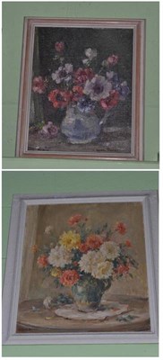 Lot 1100 - Owen Bowen ROI, PRCamA (1873-1967) still life of chrysanthemums signed, oil on canvas, together...