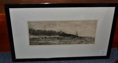 Lot 1114 - William Lionel Wyllie (1851-1931), shipping off a coast, signed in pencil, black and white...