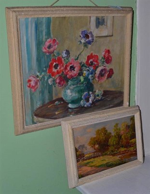 Lot 1134 - Owen Bowen ROI, PRCamA (1873-1967) ";Anemones"; signed, inscribed verso, oil on board, together...