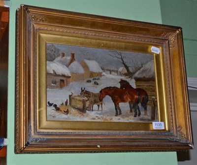 Lot 1135 - Charles Edwin M Baldock (late 19th century), horses and donkey and chicken feeding in a winter...