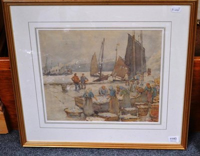 Lot 1140 - Nelson Dawson (1859-1941), figures sorting a day's catch on dock side, signed, watercolour, 34cm by