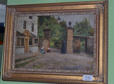 Lot 1143 - Circle of Isabella (Isa) Jobling (1850 -1926) Children playing at the gates of a house, oil on...