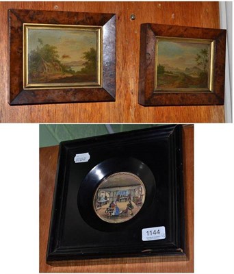 Lot 1144 - A framed pot lid Shakespeare's room and a pair of framed oils (3)