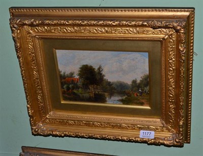 Lot 1177 - Johannes Hubertus Leonardus De Haas (1832-1908), A river landscape with figures, reverse label, oil