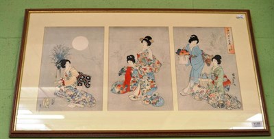 Lot 1188 - A Japanese woodblock triptych of bijins, 20th century, each 34cm by 23cm