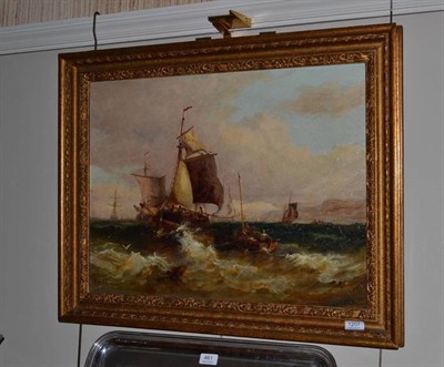 Lot 1207 - Samuel Calvert (1828-1913) Shipping in rough seas signed, oil on canvas 47cm by 64cm