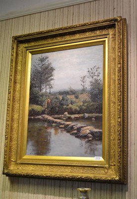 Lot 1210 - John Henderson (1860-1924) ";Stepping Stones"; Signed, inscribed verso, oil on canvas, 61cm by...