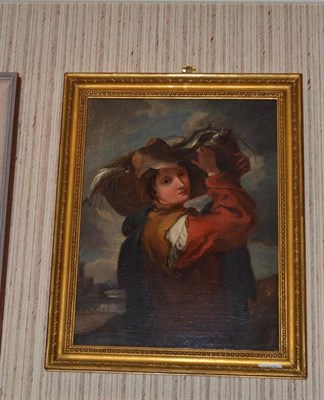 Lot 1218 - Follower of Thomas Kent Pelham (19th century) Young boy holding a basket of fish, oil on...