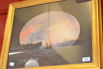 Lot 1258 - Bernard Benedict Hemy (1845 - 1913), Fishing boat off a pier at dusk, signed, oil on board 37cm...