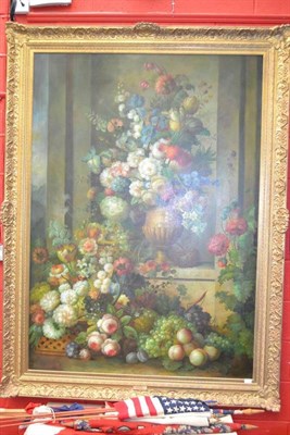 Lot 1259 - B* Gardner (20th century) Still life of iris, foxgloves, tulips, roses, sunflowers in an urn on...