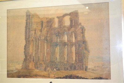 Lot 1260 - English Provincial School (18th/19th century) Two figures before possibly Whitby Abbey, watercolour