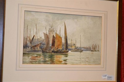 Lot 1261 - Robert Jobling (1841-1923), Ships beside a pier and a lighthouse, signed, watercolour, 22.5cm...