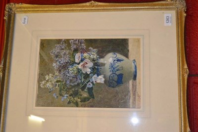 Lot 1263 - Attributed to Hector Caffieri RI (1847 -1932) A still life of lilac and hydrangeas in a blue...