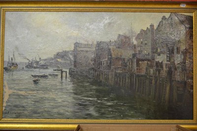 Lot 1270 - John Falconer Slater (1857-1937) A view of buildings and tug boats possibly on the Tyne signed, and