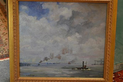 Lot 1300 - Arie Leeflang (1906-1956) Dutch Tugs and other shipping off a harbour, possibly Rotterdam...