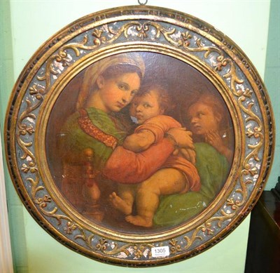 Lot 1305 - After Raphael Madonna and child, oil on board, in a Renaissance style frame, 37.5cm diameter...