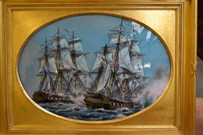 Lot 1308 - A Convex Oval Enamel Plaque: Engagement between British and American Guns Ships, War of...