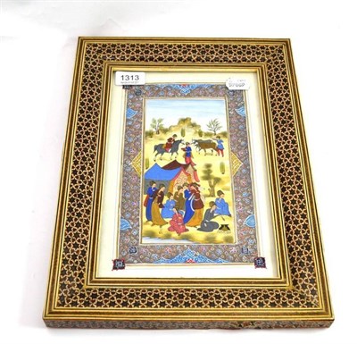 Lot 1313 - A framed Persian painted panel, height excluding frame 27cm