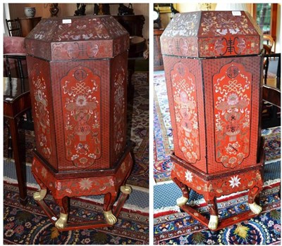 Lot 1351 - Pair of Oriental red and polychrome painted stands, circa 1950, height 117cm