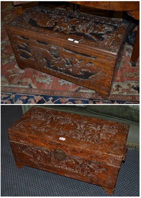 Lot 1373 - Carved camphor wood trunk, width 92cm and another smaller, width 80cm