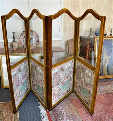 Lot 1377 - A 19th century four leaf glazed screen, with decorative fabric panels, height 151cm