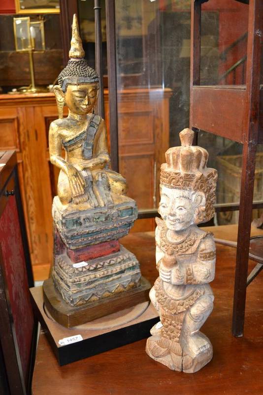 Lot 1457 - A Thai figure of Buddha, seated, applied with glass panels throughout, height 64cm and an...