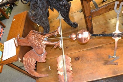 Lot 1461 - A copper weather vane, height 142cm, a decorative metal garden ornament, height 63cm and a...