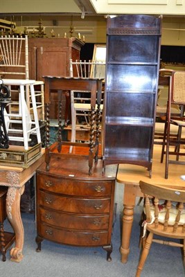 Lot 1467 - Small bow fronted mahogany chest of drawers, tall narrow open bookcase, reproduction fret-cut...