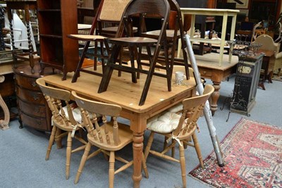 Lot 1468 - Pine kitchen table fitted with drawer, five pine kitchen chairs and four folding chairs