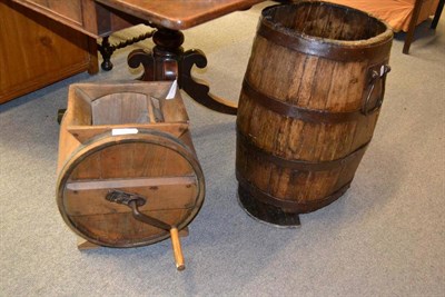 Lot 1506 - A staved oak barrel, height 57cm, and a pine bucket churn, height 42cm