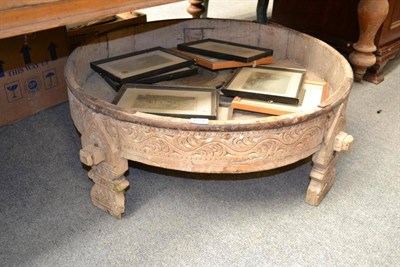 Lot 1521 - An Indian carved hardwood rice table, width 82cm and a quantity of assorted prints