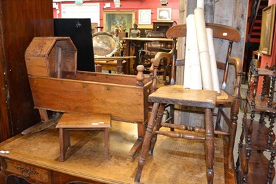 Lot 1524 - A Victorian pine cradle, two stools and a Victorian kitchen armchair