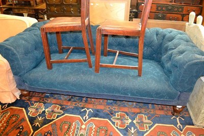 Lot 1538 - Blue upholstered button back Victorian sofa, width 196cm