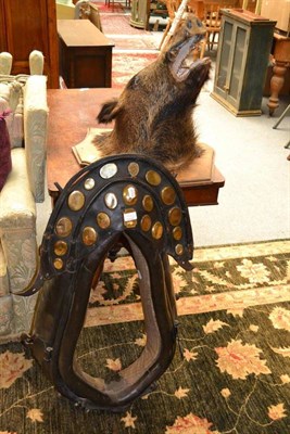 Lot 1542 - Taxidermy specimen of a wild boar, full head mount and a leather harness with brass plaques