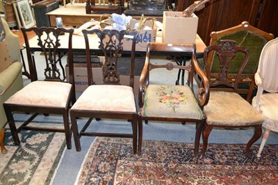 Lot 1544 - A pair of Chippendale style dining chairs, a Regency mahogany armchair and an Edwardian salon chair